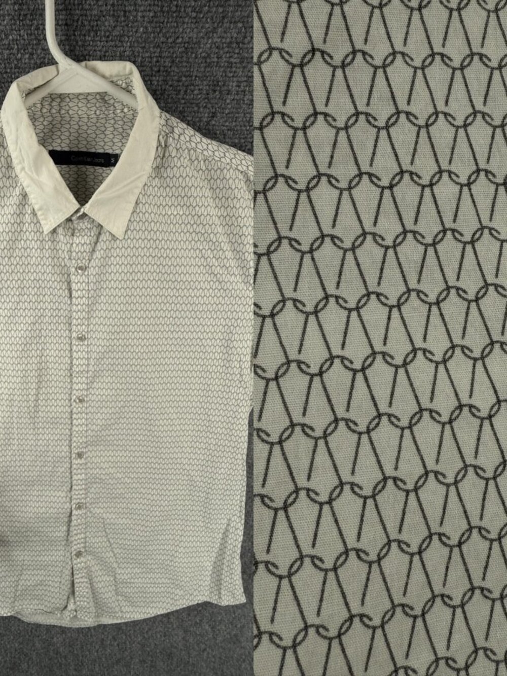 Calvin Klein Men Button Up Shirt Geometric White Gray Long Sleeve Medium Adult